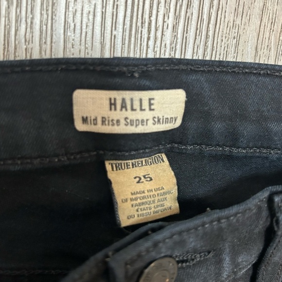 TRUE RELIGION Halle Mid rise super skinny black jeans with patches on thighs. - Picture 3 of 10